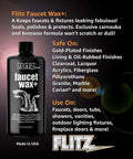 Faucet Wax Plus 7.6oz USA Made Water Based Cleaner And Polish bottle with product usage details and logo