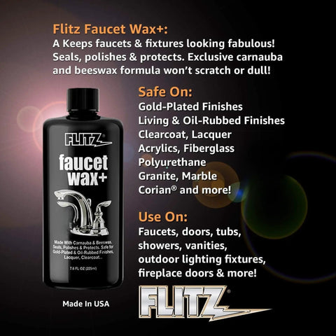 Faucet Wax Plus 7.6oz USA Made Water Based Cleaner And Polish bottle with product usage details and logo