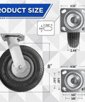 8 Inch Pneumatic Swivel Caster Wheels With Zinc Top Plate And 360 Degree Rotation For Cart Dolly Trolley Workbench And Wagon, Black Rubber Tires, 590 Lb Total Capacity, 2 Pack Great For Industrial Carts And Trolleys And Workbench Applications, detailed product size specifications shown.