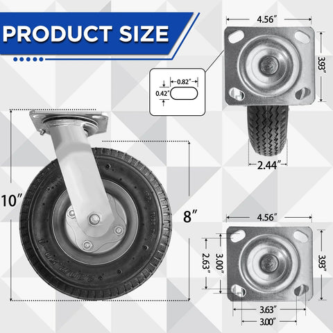8 Inch Pneumatic Swivel Caster Wheels With Zinc Top Plate And 360 Degree Rotation For Cart Dolly Trolley Workbench And Wagon, Black Rubber Tires, 590 Lb Total Capacity, 2 Pack Great For Industrial Carts And Trolleys And Workbench Applications, detailed product size specifications shown.