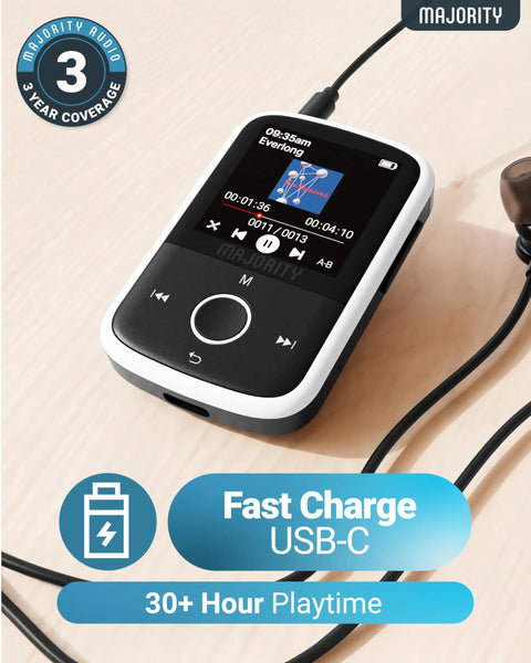 Bluetooth MP3 Player With Sports Clip And Earbuds Included, Expandable To 128GB, HD Color Screen, 34 Hours Battery Life, SD Card Slot And USB C, Portable Music Player For Workouts And Daily Jams