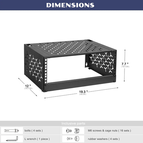 Dimensions of Foldable 12 Inch Depth Open Frame Server Rack for Wall or Desk Mount, no assembly required
