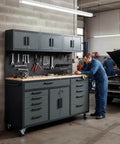 Mechanic using 72 Inch Rolling Tool Chest On Wheels With 11 Drawers, 3 Top Cabinets, 2 Door Cabinet, Pegboard And Power Strip in garage