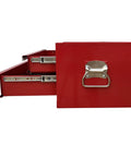 Side view of Industrial Two Drawer Portable On The Go Metal Tool Chest Cabinet 26 Inch Wide Middle Box with Ball Bearing Drawer Slides Central Cam Lock Steel Tool Storage Organizer Red showing open drawers.