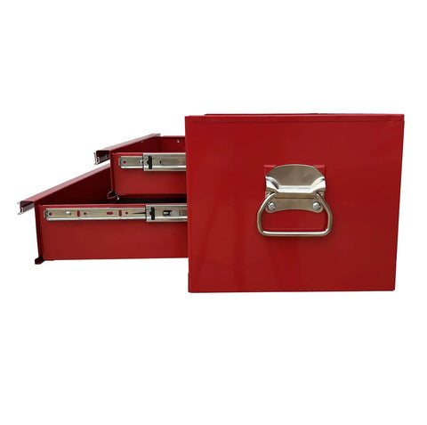 Side view of Industrial Two Drawer Portable On The Go Metal Tool Chest Cabinet 26 Inch Wide Middle Box with Ball Bearing Drawer Slides Central Cam Lock Steel Tool Storage Organizer Red showing open drawers.