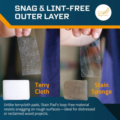 Comparison of terry cloth and Stain Sponge's lint-free outer layer for Stain Sponge Set 3 Pack For Wood Finishes And All Stains.