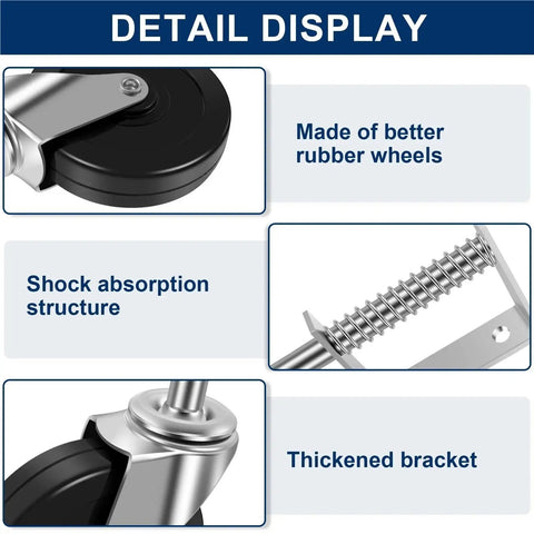 Detail display of Rock Solid 4 Inch Rotating Gate Roller With Spring Loaded Adjustable Support Caster showing rubber wheel and thickened bracket.