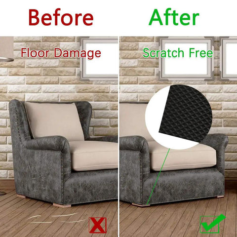 Comparison of couch before and after using Grippy Non Slip Furniture Pads 12 Pack 4 Inch Self Adhesive Rubber Feet.