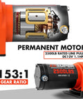 Close-up view of 2500 Lb Electric Winch for ATV UTV Boat and Trailer with motor details and gear ratio specifications.
