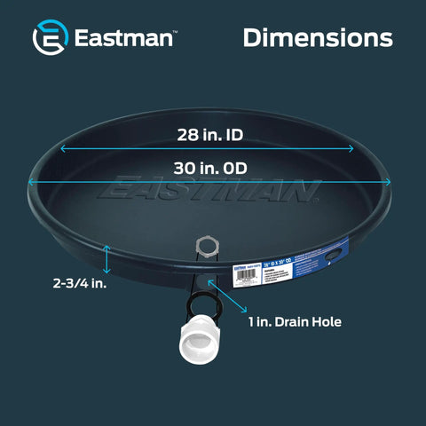 Heavy Duty Water Heater Drain Pan With 1 Inch PVC Fitting And 28 Inch Inner Diameter And 30 Inch Outer Diameter Built Tough Floor Protector shown with dimensions and PVC connection