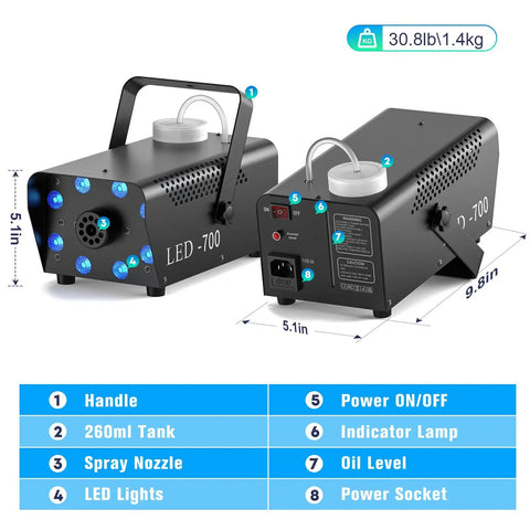 Dimensions and features of 700W Fog Machine With Eight RGB LED Lights And Fourteen Colorful LED Effects For Parties and Events.