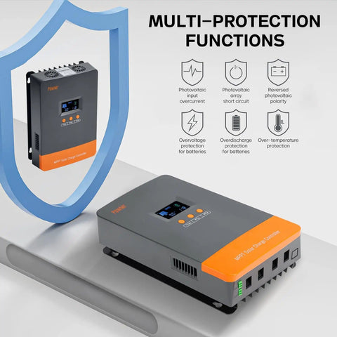 Boss 100 Amp MPPT Solar Charge Controller With LCD Display, universal multi-protection functions, gray and orange design.