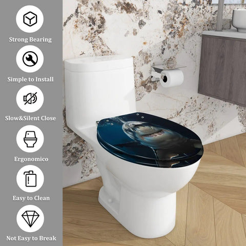 Resin Toilet Seat Decor for Elongated Toilet with shark design, 14.5" x 18.5", durable and easy to clean.