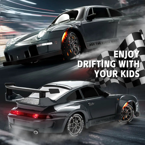 Two Drift Ready 1:24 Scale RC Cars With LED Lights in action, showing high speed drifting with checkered flag in background.