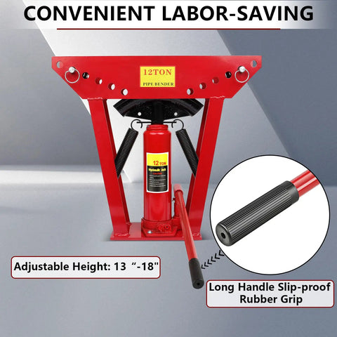 Heavy Duty 12 Ton Manual Hydraulic Pipe Bender With Six Adjustable Roller Dies For Precision Copper Tubing Bending Handles One Half To Two Inch Pipes, shown with adjustable height of 13-18 inches.