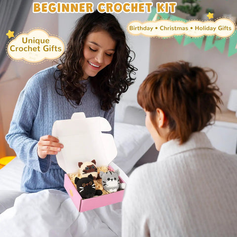 Two women with crochet gift box showing Beginner Crochet Kit for Adults With Amigurumi Projects and Step By Step Video Tutorials