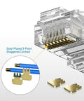 Close-up of Cat6 RJ45 Connectors 110 Pack For Ethernet Cables With Gold Plated 8P8C Pins, transparent finish, showing gold contact points.
