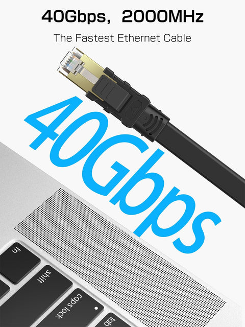 Cat 8 Ethernet Cable 100 Ft Flat Patch Cord Shielded Outdoor Indoor RJ45 High Speed 40Gbps 2000MHz near a laptop