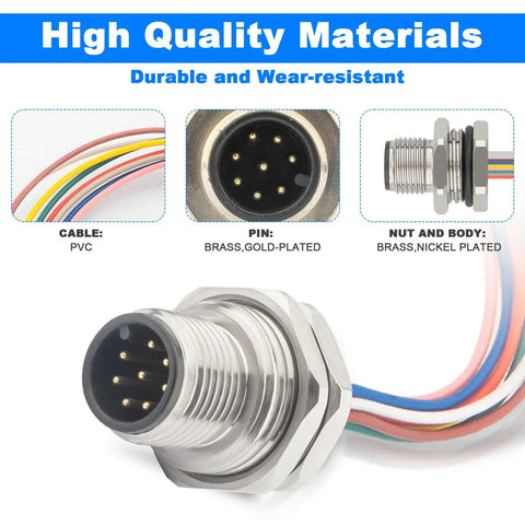 Close-up of Industrial 8 Pin M12 Sensor Cable With Unshielded Wire, A Coded, Front Mount Straight Male Connector, IP67 Waterproof