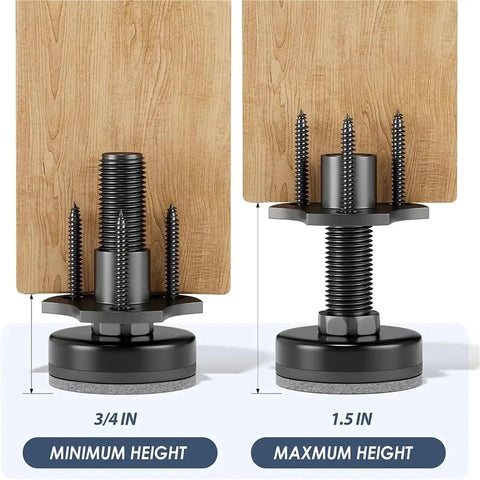 8 Pack Adjustable Furniture Feet Levelers Kit with 3 8 Inch Thread and 16 T Nut showing minimum and maximum height options