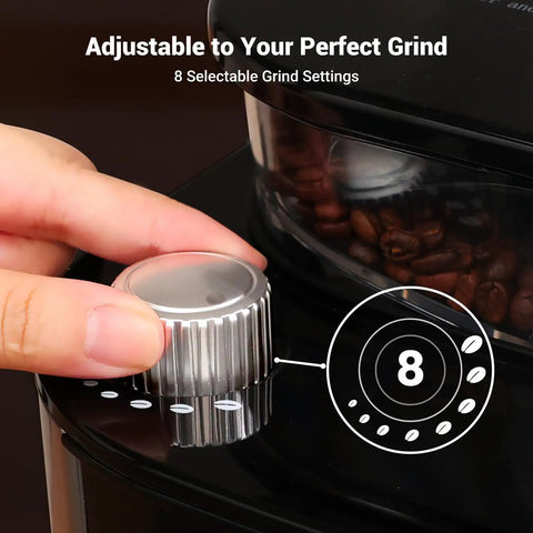 Close-up of 10 Cup Drip Coffee Maker With Built-In Burr Grinder And Programmable Timer showing adjustable grind knob.