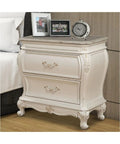Timeless Tradition Nightstand With Granite Top In Pearl White Veneer, Full Extension Drawer Glides, felt-lined top drawer, in bedroom.