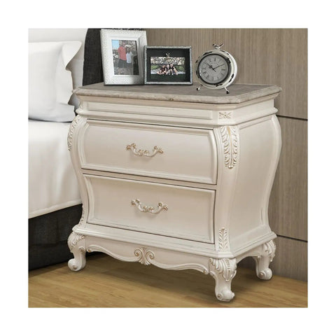 Timeless Tradition Nightstand With Granite Top In Pearl White Veneer, Full Extension Drawer Glides, felt-lined top drawer, in bedroom.