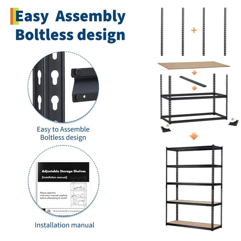Installation guide for Heavy Duty Five Tier Metal Shelving Unit With Reinforced Steel Frame And Adjustable Thick Mdf Shelves Rock Solid Garage Storage Rack.
