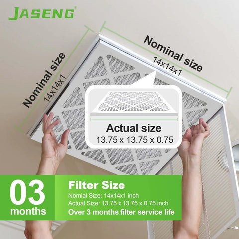 Person installing 14x14x1 MERV 8 Pleated HVAC Filter Two Pack for Home AC Furnace and Ventilation Systems Dust Defense