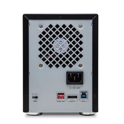 Back view of Built Tough 4 Bay 3.5 Inch SATA III HDD Enclosure with cooling fan and USB 3.0 and eSATA ports.