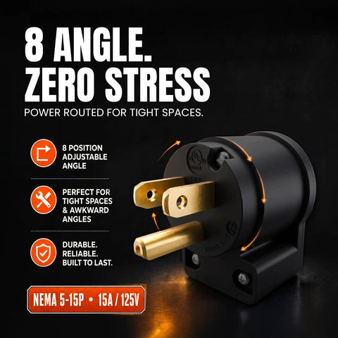 8 Position Clockable Right Angle Plug That Lets Your Cord Go Any Way 15A 125V NEMA 5 15P 2 Pole 3 Wire Straight Blade Replacement End