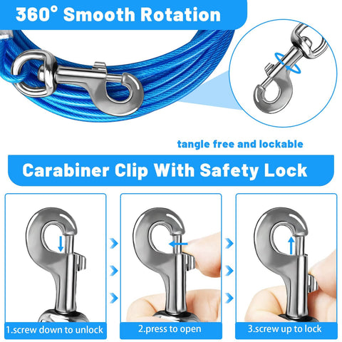Heavy Duty PVC Coated Steel Dog Tie Out Cable With Beefy Clips For Yard Use 10 15 20 25 30 50 Ft Options shown with carabiner clips.