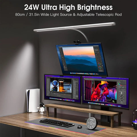Ultra Wide Desk Lamp With Dope Gesture Control 31.5 Inch Wide 24W LED Dimmable Color Temperature Eye Caring Office Light displayed on desk