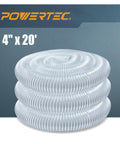 4 Inch Clear Spiral Dust Collection Hose, 20 Foot Flexible PVC Vacuum Tube, coiled against a product placard