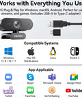 Next Level 4K Webcam With Hella Crisp 30FPS Video And Rock Solid PDAF Autofocus For Live Streamers Gamers And Vloggers showing compatibility with Windows, macOS, and Android.