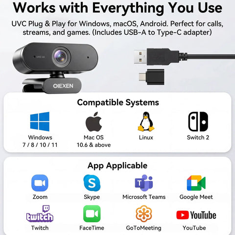 Next Level 4K Webcam With Hella Crisp 30FPS Video And Rock Solid PDAF Autofocus For Live Streamers Gamers And Vloggers showing compatibility with Windows, macOS, and Android.