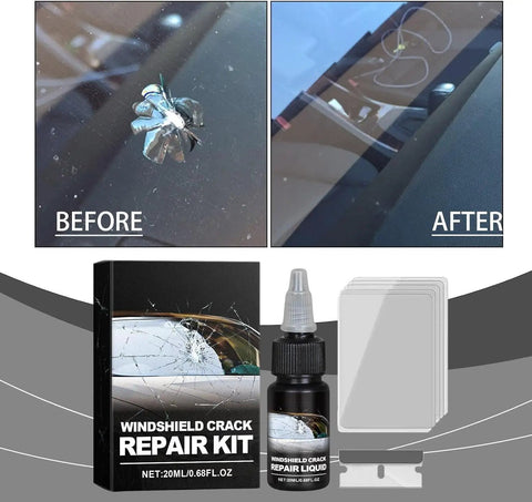 Windshield Crack Repair Kit 2026 Upgrade With Quick Fix Liquid For Cracks And Chips Easy DIY Glass Repair Tool For Windshields Windows And Mirrors Nearly Invisible Repair Result, showing before and after glass repair results with kit contents.