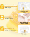 Six Pack Ultra Fine Honey Filter Bags With Food Grade Nylon Mesh showing retractable rope design and fit for 5-gallon buckets.