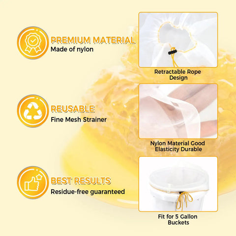 Six Pack Ultra Fine Honey Filter Bags With Food Grade Nylon Mesh showing retractable rope design and fit for 5-gallon buckets.