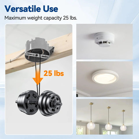 20 Cu Inch Round New Work Ceiling Electrical Box PVC UL Listed Built Tough No Drama Install Impact Resistant Non Conductive Round Junction Box For New Construction Installations Pack Of 6 shown supporting weight and ceiling installations.