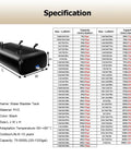 Black Foldable 300 Gallon Water Storage Bladder Tank With Faucet And Four Portable Carry Rings, PVC Material, Specs Chart