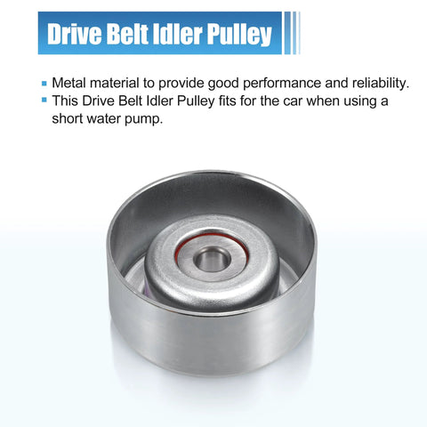 Drive belt idler pulley, metal silver housing, front view with red-seal bearing
