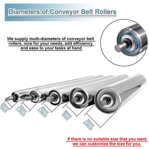Set Of 11 Heavy Duty Conveyor Support Rollers For Dog & Cat Fence Replacement showing various diameters and stainless steel finishes.