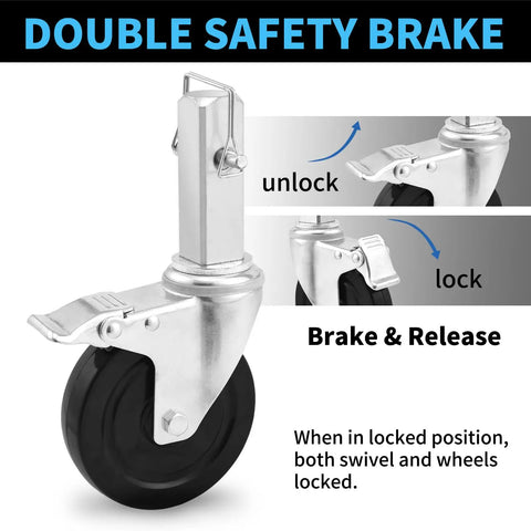 Five Inch Scaffolding Wheels with double safety brake mechanism, featuring tough rubber tires and chunky square stem.