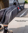 Padded Travel Bag For Pro Mechanic HD Pro Mechanic And Sport Mechanic Bike Stands Ride Ready Abrasion Resistant Tote shown being carried