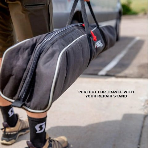 Padded Travel Bag For Pro Mechanic HD Pro Mechanic And Sport Mechanic Bike Stands Ride Ready Abrasion Resistant Tote shown being carried