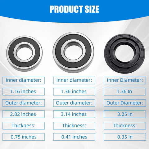 Top Tier Front Load Washer Bearing And Rotary Seal Kit Featuring A Hella Durable Tub Drum Gasket Crafted For Smooth Spin Cycles And Effortless Daily Laundry Fixes size specifications with inner and outer diameter details.