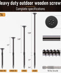 Heavy Duty Wood Screws No 14 By 2-7/8 Inch Star Drive Deck Screws For Outdoor Projects Rust Resistant Black Ruspert Coated 50 Pc Set For Logs Timber Landscaping And Fence, showing screw sizes and T30 star drive bit.