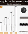 Heavy-duty wood screws Size 14 specifications, including 8-inch, 6-inch, and shorter options with T30 star drive compatibility.