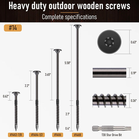 Heavy-duty wood screws Size 14 specifications, including 8-inch, 6-inch, and shorter options with T30 star drive compatibility.
